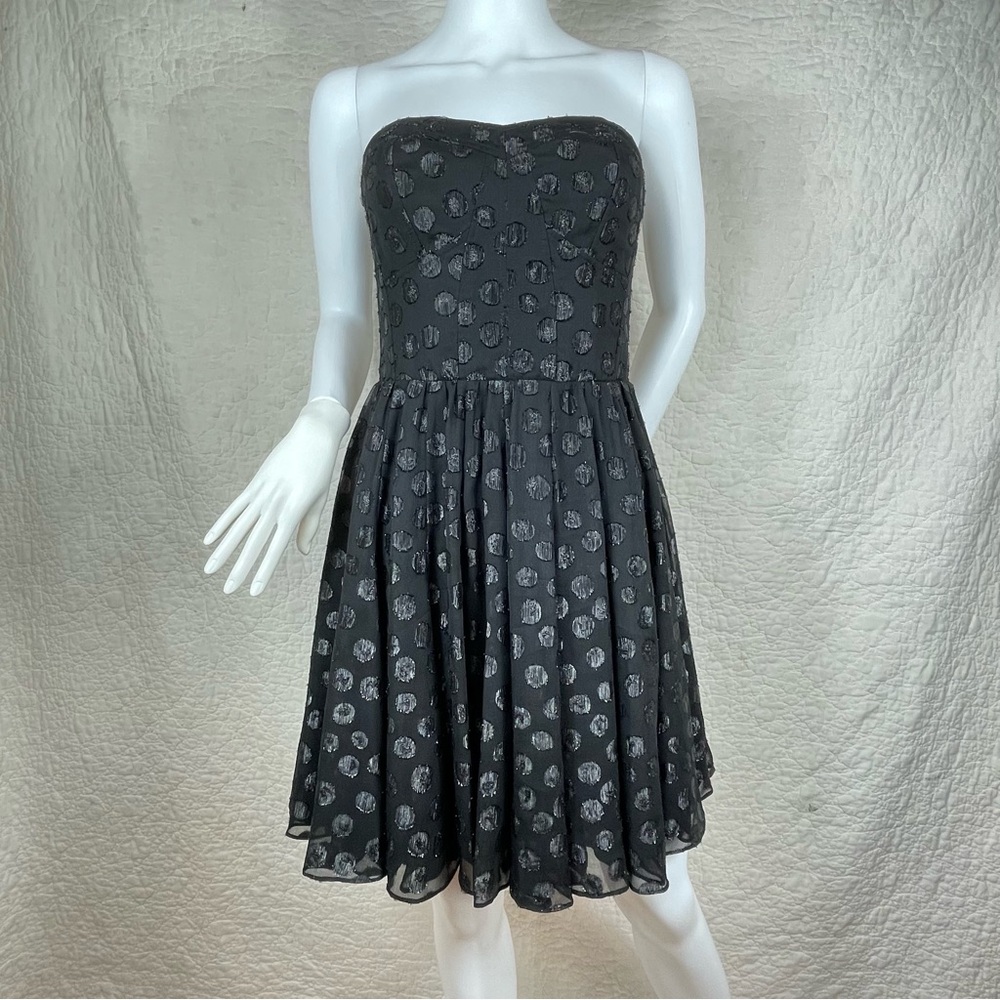 🔥Guess Los Angeles Burnout Polka Dot Strapless Fit & Flare Party Black Dress